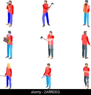 Lumberjack icons set, isometric style Stock Vector