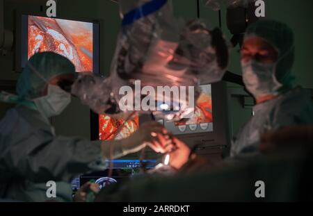 Germany. 20th Jan, 2020. A surgical team operates on a patient's open skull during an operation in neurosurgery. Credit: Marijan Murat/dpa/Alamy Live News Stock Photo