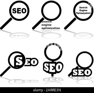 Icon set showing a magnifying glass paired with the words 'Search Engine Optimization' and 'SEO' Stock Vector