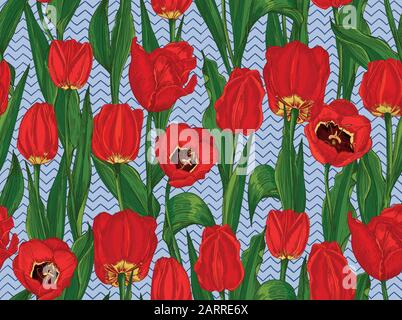 Greeting seamless background with Spring flower tulips bouquet in red and green colors. Horizontal seamless pattern Stock Vector