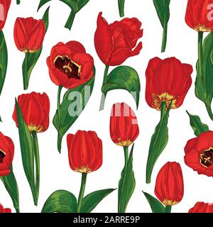 Greeting seamless background with Spring flower tulips in red and green colors. Horizontal seamless pattern Stock Vector