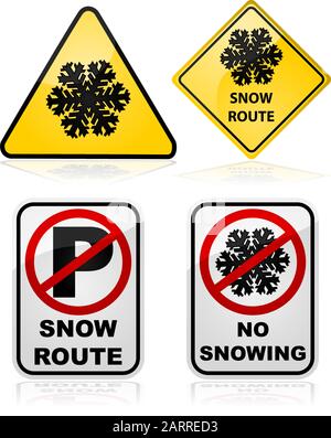 Icon set showing a series of traffic signs used for indicating a snow route and no parking rules Stock Vector
