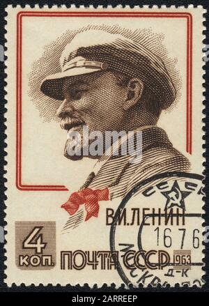 A postage stamp printed in USSR: Portrait of V.I. Lenin, 1963 Stock Photo