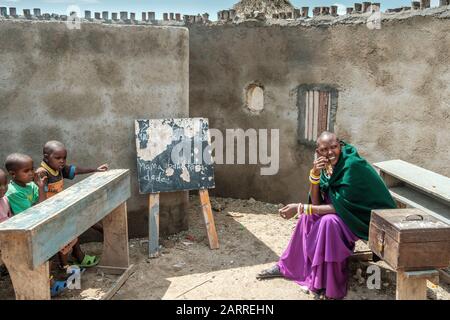 Maasai Kindergarten in Great Rift Valley of Tanzania Stock Photo