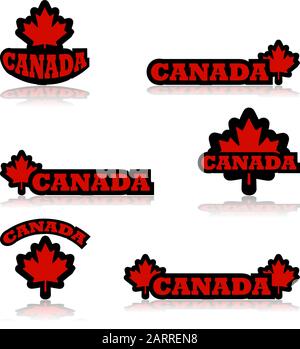 Collection of icons featuring a red maple leaf and the word Canada Stock Vector