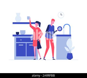 Couple washing dishes together flat vector illustration Stock Vector