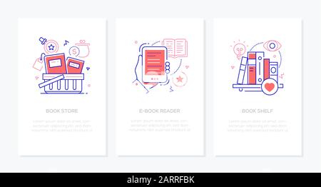 Literature and online reading concept - line design style banners Stock Vector