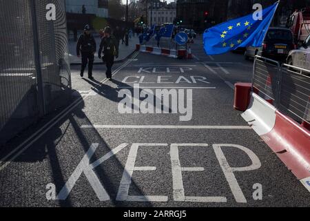 Two days before Brexit Day (the date of 31st January 2020, when the UK legally exits the European Union), an EU flag flutters outside the entrance to parliament, in Parliament Square, Westminster, on 29th January 2020, in London, England.