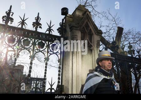 Two days before Brexit Day (the date of 31st January 2020, when the UK legally exits the European Union), infamous Remainer (Mr Brexit) Steve Bray stands outside parliament during the weekly Prime Minister's Questions session, in Parliament Square, Westminster, on 29th January 2020, in London, England.