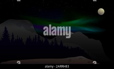 Night landscape with forest mountains moon, colorful northern lights and stars background. Dark outdoor nature travel scenic drawing Stock Vector