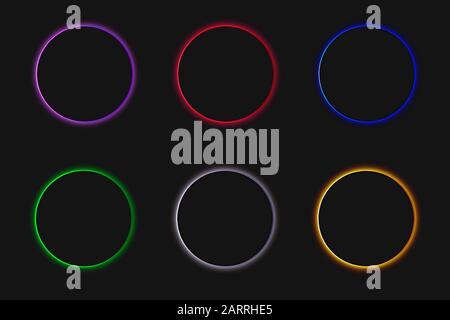Dark colorful lenses flare glow circles all colors set. Shiny glowing round shapes purple red blue green grey yellow colors set. Stock Vector