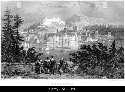 An engraving of Salzburg scanned at high resolution from a book printed in 1836. This image is believed to be free of all copyright restrictions. Stock Photo