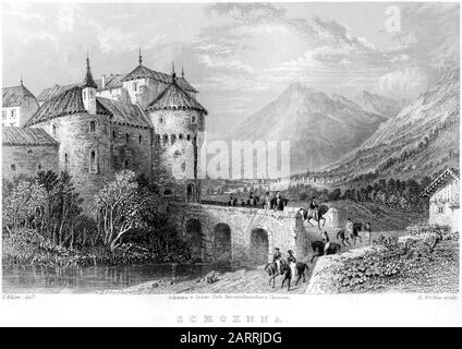 An engraving of Schoenna (Schenna) scanned at high resolution from a book printed in 1836. This image is believed to be free of all copyright. Stock Photo