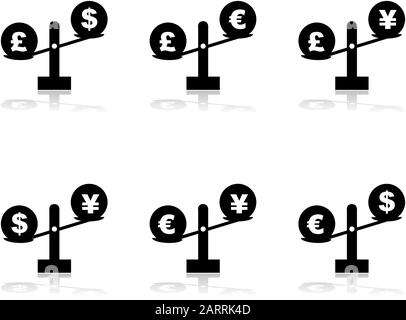 Icon set showing different currency symbols placed on scales Stock Vector