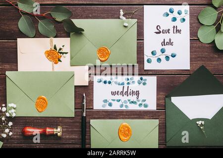 Eco paper envelopes with love letters or invitation cards Stock Photo
