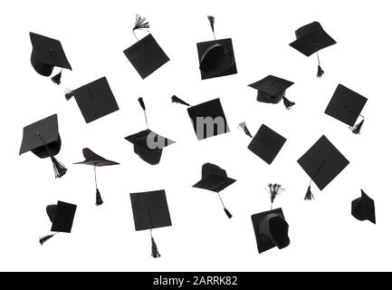 Collage with mortar boards on white background Stock Photo - Alamy