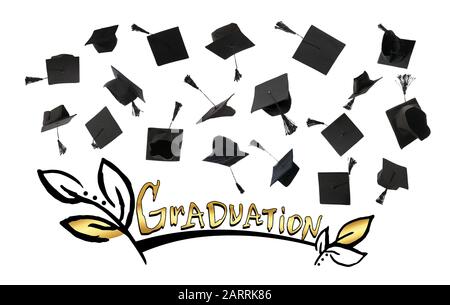 Collage with mortar boards and word GRADUATION on white background Stock Photo