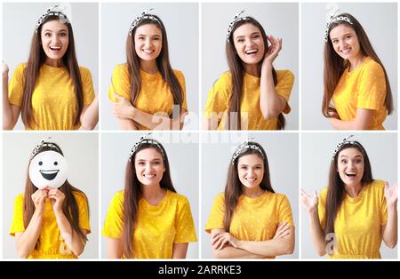 Collage with happy young woman on light background Stock Photo