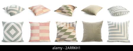 Set with different pillows on white background Stock Photo