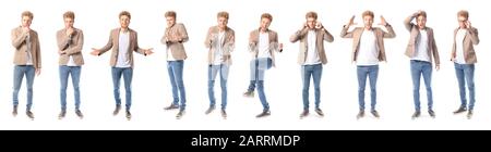 Collage with handsome young man showing different emotions on white background Stock Photo