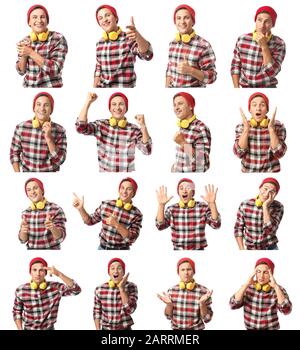 Collage with handsome young man showing different emotions on white background Stock Photo