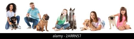 Set of people with different dogs on white background Stock Photo