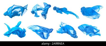 Collage with flying fabric on white background Stock Photo