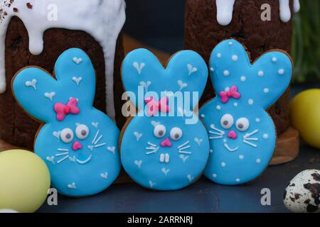 Gingerbread blue rabbits in the easter composition, Horizontal orientation Stock Photo