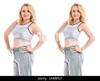 Mature woman before and after weight loss on white background Stock Photo