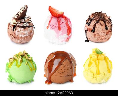 Balls of different ice-cream on white background Stock Photo