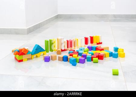 Zero waste. Plastic free wooden toys, toy building blocks. Stock Photo