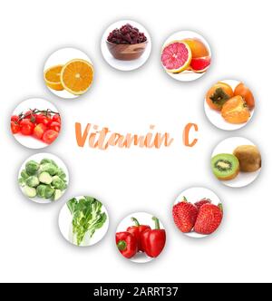 Set of products rich in vitamin C on white background Stock Photo