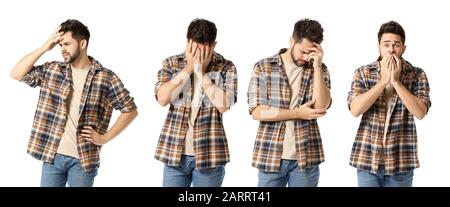 Collage with worried young man on white background Stock Photo