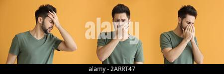 Collage with worried young man on color background Stock Photo