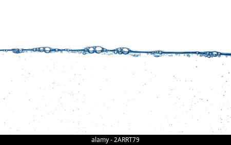Steady water surface with bubbles and other small ones below on white background Stock Photo