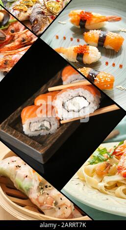Collage of photos with different seafood dishes Stock Photo