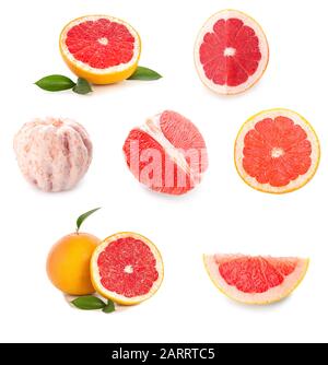 Collage with fresh juicy grapefruits on white background Stock Photo