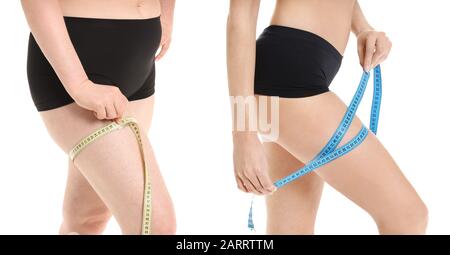 Young woman with measuring tape before and after weight loss on white background Stock Photo