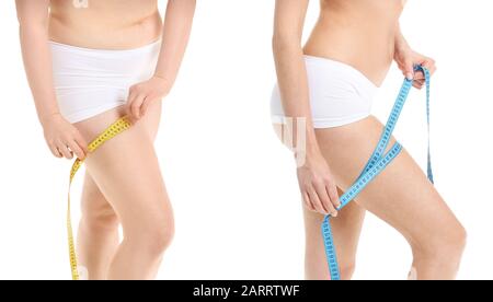 Young woman with measuring tape before and after weight loss on white background Stock Photo