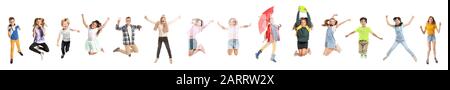 Set of different jumping children on white background Stock Photo