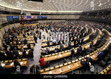 MEPS sing Auld Lang Syne in the parliament chamber at the European Parliament in Brussels, Belgium. Stock Photo