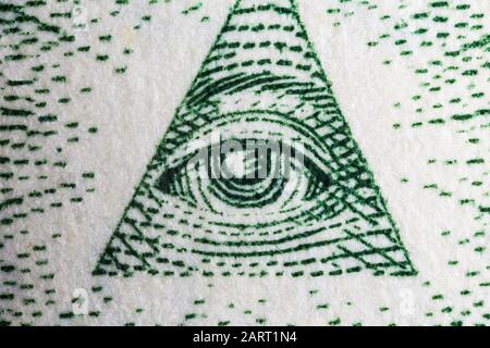 Macro close up photograph of the Eye of Providence on the US one dollar bill. Stock Photo