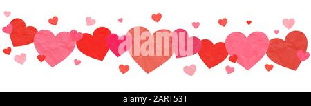 Festive heart banner design. Red, pink paper hearts on wwhite backgrround. St. Valentine's day decoration Stock Photo