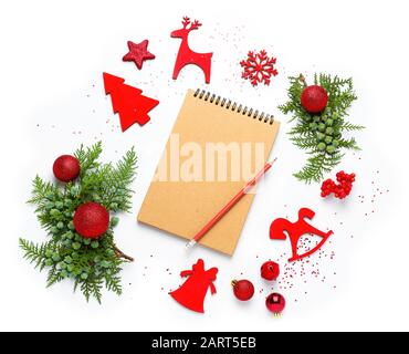 Beautiful Christmas composition with notebook on white background Stock Photo