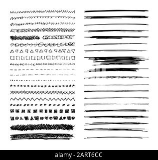 Set of hand drawn line borders, scribble strokes and design elements isolated on white. Doodle style brushes. Monochrome vector eps8 illustration. Stock Vector