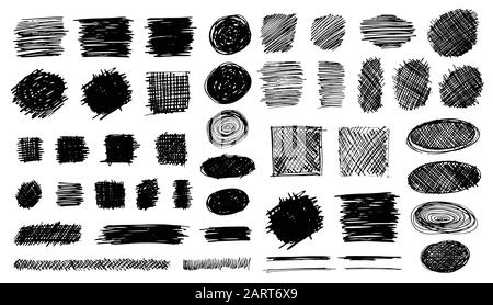 Set of hand drawn scribble symbols isolated on white. Doodle style sketches. Shaded and hatched badges and bubble shapes. Monochrome vector eps8 desig Stock Vector