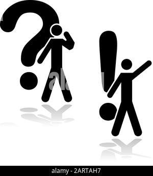 Concept illustration showing a man thinking about a problem beside a question mark and having found an answer beside an exclamation mark Stock Vector