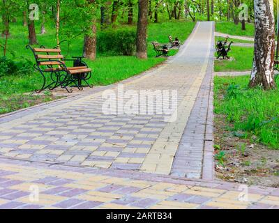 A stone-paved walkway with wooden benches runs along a beautiful green lawn between large trees in a city summer park, with copy space. Stock Photo