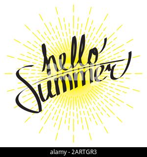 Hello summer lettering composition with linear drawing of sunshine rays in vintage style on white background. Vector eps8 illustration. Stock Vector