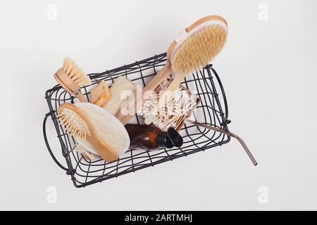Zero waste plastic free tools for bathroom and kithen in metal basket Stock Photo